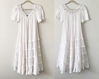 Vintage 80s White Boho/Hippie Dress With Crochet Top Detail