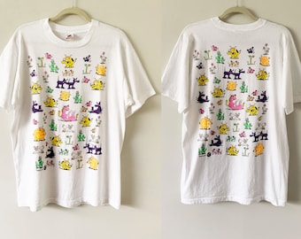 Camiseta gráfica vintage de los años 80 con animales de granja divertidos de doble cara y puntada de una sola aguja