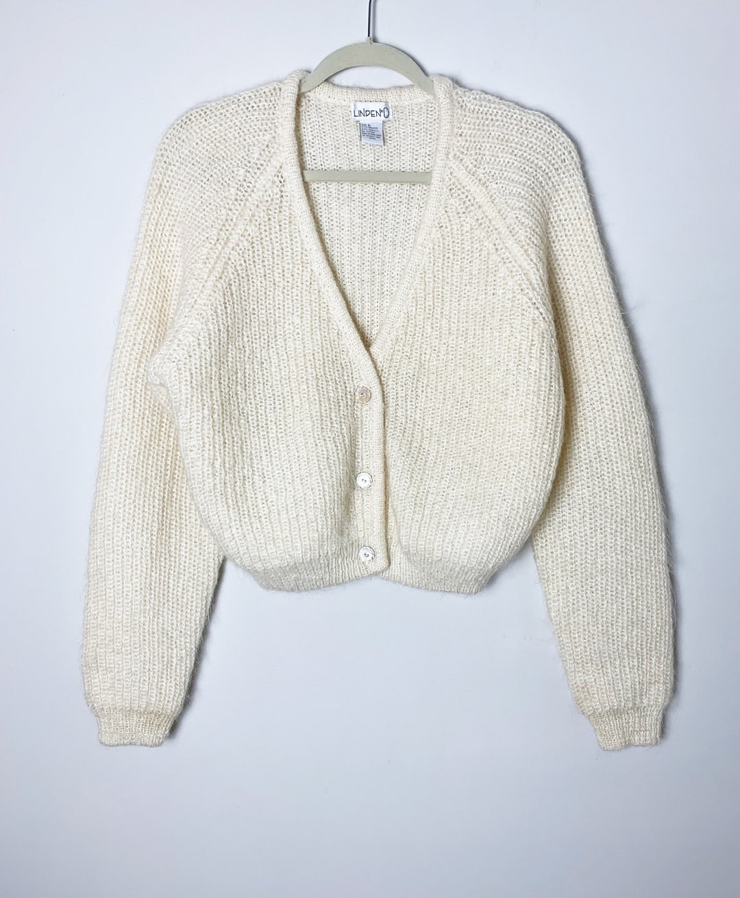Vintage 80s Ivory Fuzzy Mohair Chain Stitch Cardigan With Pearl