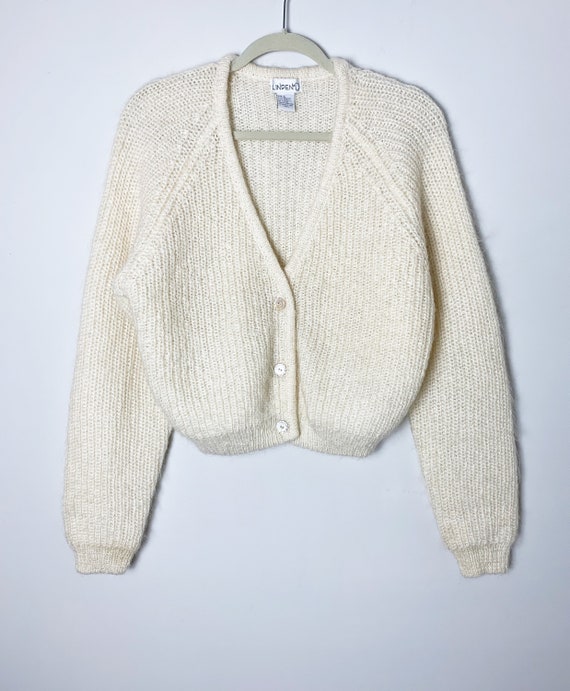 Vintage 80s Ivory Fuzzy Mohair Chain Stitch Cardigan With Pearl