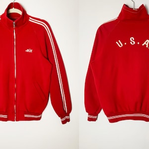 Vintage 60s/70s Rare Red Soft Wool Blend Track Jacket With Embroidery Front And Back Made In USA
