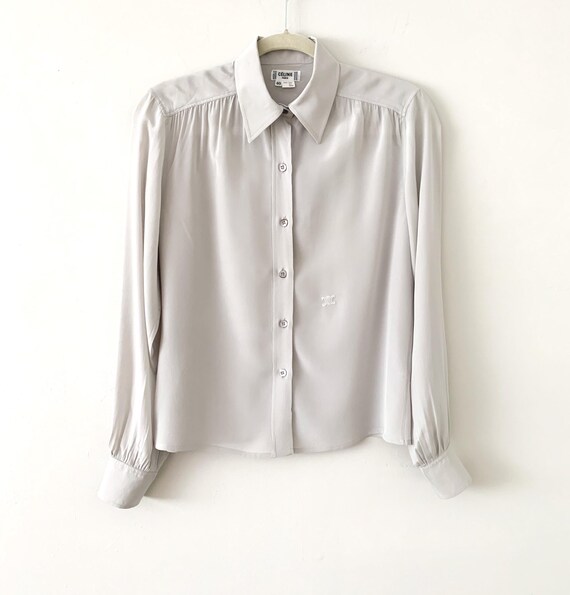 Vintage 80s Celine Gray Silk Embroidered Logo But… - image 2