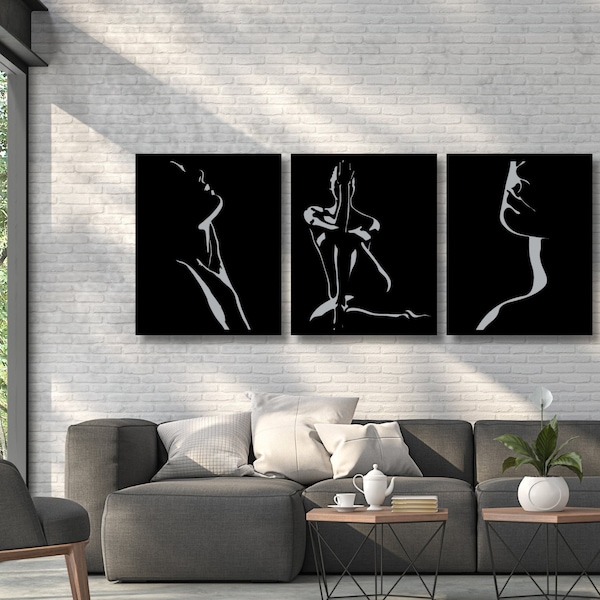 Zestaw Trzech obrazów Kobiety, Nowoczesna dekoracja na ścianę do salonu, 3x Obraz 3D czarny , Prezent na ścianę do domu