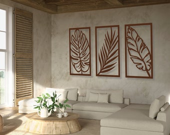 FEUILLES TROPICALES Image 3D | Décoration murale Monstera | Lot de 3 panneaux muraux | Décoration murale d'art pour la maison, le salon et la cuisine