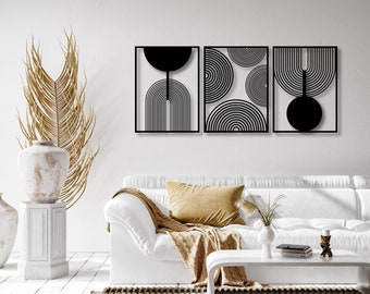 Boho abstract art, Geometric 3D wall decoration, Set of 3 wood wall paintings, Modern living room decor,