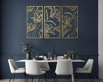 Blumen 3D-Bild | Wanddekoration Lilien | Set mit 3 Wandpaneelen | Künstlerische Wanddekoration für Zuhause, Wohnzimmer und Küche