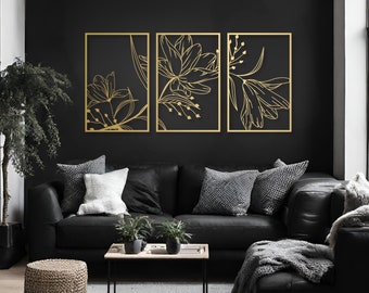 Blumen 3D-Bild | Wanddekoration Lilien | Set mit 3 Wandpaneelen | Künstlerische Wanddekoration für Zuhause, Wohnzimmer und Küche