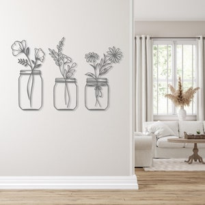 Fleurs en pots Décoration murale Fleurs des champs dans un pot Image murale en bois Ensemble de 3 tableaux ajourés Des plantes pour le mur image 7