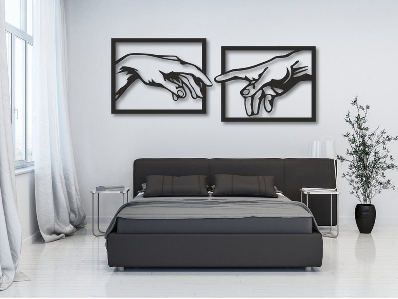 Michelangelo Hands, Creation of Adam Wall decoration, 3D painting Unique wooden wall decoration An artistic painting for the living room image 1