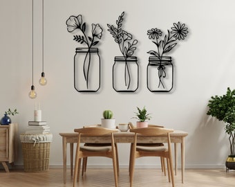 Fleurs en pots Décoration murale | Fleurs des champs dans un pot Image murale en bois | Ensemble de 3 tableaux ajourés | Des plantes pour le mur