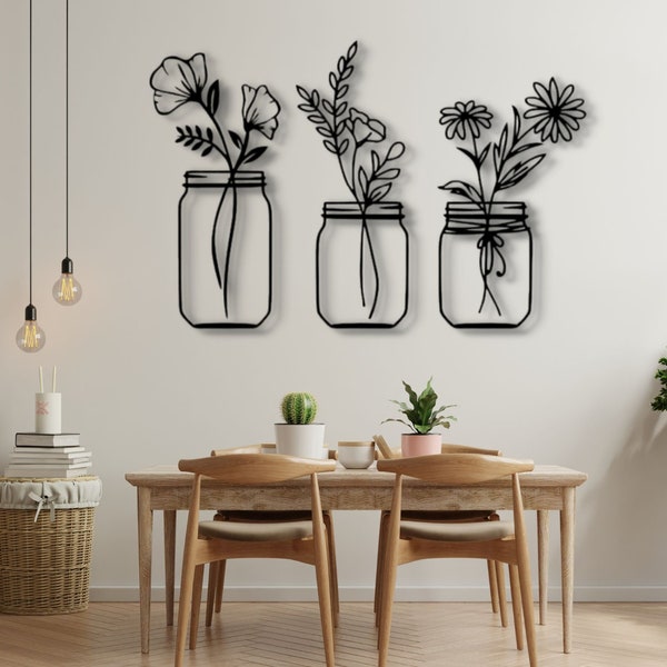 Bloemen in potten Wanddecoratie | Veldbloemen in een potje Houten muurfoto | Set van 3 opengewerkte schilderijen | Planten voor aan de muur