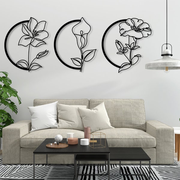 Fleurs, tableau rond ajouré, décoration murale 3D, Tableau mural en bois Fleurs | Ensemble de 3 images | Des plantes pour le mur