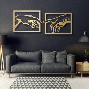 Michelangelo Hands, Creation of Adam Wall decoration, 3D painting Unique wooden wall decoration An artistic painting for the living room image 3