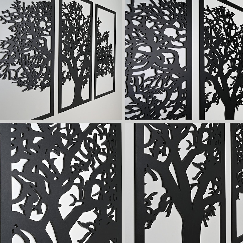 Décoration murale Grand arbre noir Image triptyque 3D Décoration murale pour le salon Décoration murale artistique, Tableau pour la chambre image 5