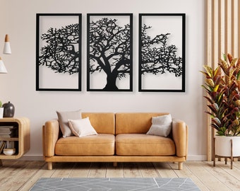 Decoración de pared - Gran árbol negro | Imagen tríptico 3D | Decoración de paredes para el salón | Decoración artística de pared, Cuadro para el dormitorio.