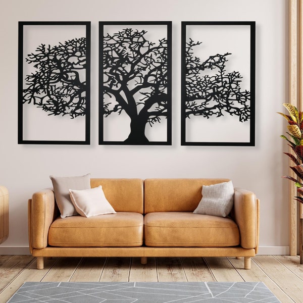 Wall decoration - Large black tree | 3d triptych image | Wall decoration for the living room | Artistic wall decoration, Picture for the bedroom