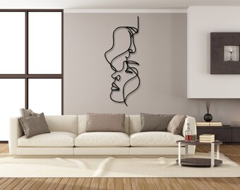 Visages d’art en ligne | Femme et homme Lineart | Décoration murale en bois noir | Décoration murale moderne pour le salon, la chambre