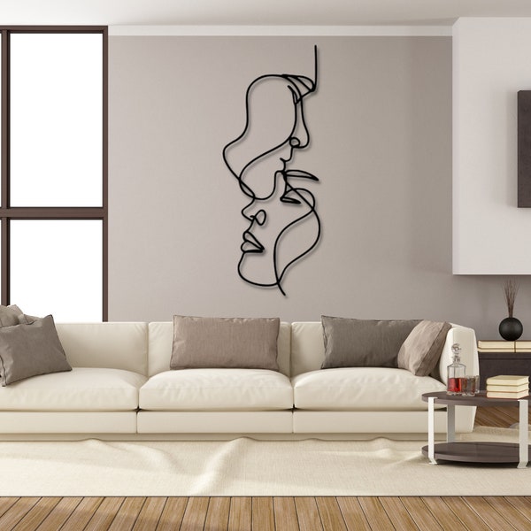 Lijntekeningen gezichten | Lineart vrouw en man | Zwarte houten wanddecoratie | Moderne wanddecoratie voor de woonkamer, slaapkamer