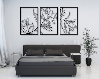 Image 3D de fleurs | Décoration murale Lys | Ensemble de 3 panneaux muraux | Décoration murale artistique pour la maison, le salon et la cuisine