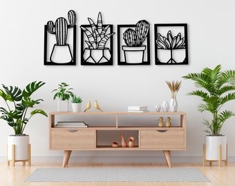 Fleurs en pots Décoration murale | Cactus et succulentes dans un pot Image murale en bois | Ensemble de 4 tableaux ajourés | Des plantes pour le mur