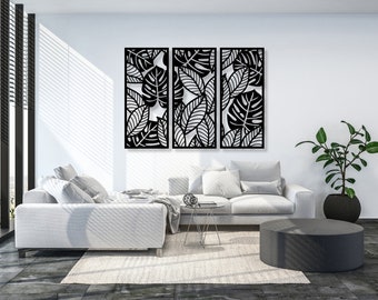 Image MONSTRE 3D | Décoration murale Feuilles Tropicales | Ensemble de 3 panneaux muraux | Décoration murale artistique pour la maison, le salon et la cuisine