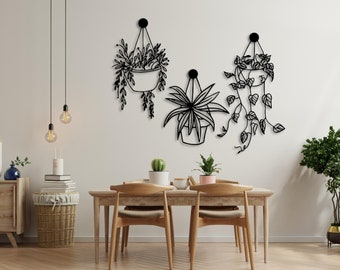 Blumen in Töpfen Wanddeko, 3er set bilder blumen , Wand Dekoration für die küche, Sukkulenten und Efeu im Topf , Wand deko 3D aus Holz,