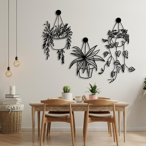 Fleurs en pots Décoration murale | Lierre et succulentes dans un pot Image murale en bois | Ensemble de 3 tableaux ajourés | Des plantes pour le mur