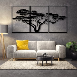 Décoration murale en bois Triptyque darbre africain Décoration murale artistique pour la maison Grand arbre noir Décoration pour le salon image 1