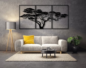 Decoración de paredes de madera | Tríptico del árbol africano | Decoración artística de paredes para el hogar | Gran árbol negro | Decoración para el salón