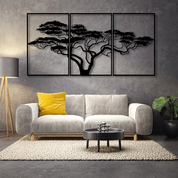 Drewniana dekoracja ścienna | Afrykańskie drzewo Tryptyk | Artystyczna dekoracja ścienna do domu | Duże czarne drzewo | Dekoracja do salonu