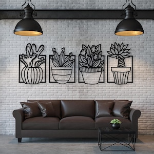 Flowers in pots wall art | Cacti and Succulent in a pot | Kitchen wall decor | Set of 4 modern pictures for living room | 3d wall dekoration