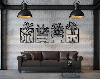 Fiori in vaso Decorazione murale | Cactus e piante grasse in un vaso Quadro da parete in legno | Set di 4 quadri traforati | Piante per il muro