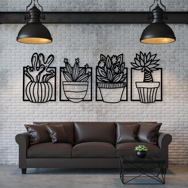 Flowers in pots wall art | Cacti and Succulent in a pot | Kitchen wall decor | Set of 4 modern pictures for living room | 3d wall dekoration