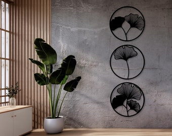 GINGKOB LEAVES Decorazione murale 3D, Ginkgo Biloba Set di 3 quadri rotondi, Decorazione murale per soggiorno, cucina o camera da letto