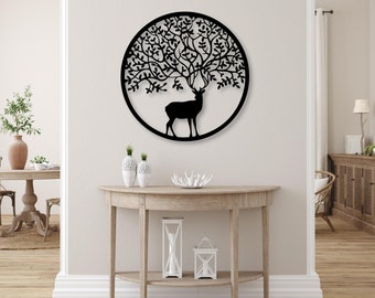 Drzewo Życia Dekoracja z drewna na ścianę, Obraz 3D z motywem drzewa i jelenia, Wyjątkowa ozdoba ścienna do salonu, sypialni lub biura