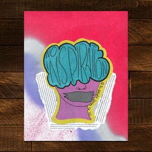 May include: A digital illustration of a person with a blue and yellow word bubble over their head that says "NO INSPIRATION". The person's mouth is covered with gray tape. The background is a pink and purple spray paint effect.