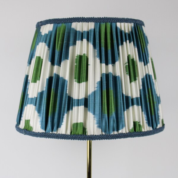 Handmade Turquoise Ikat Gathered Lampshade Turquoise Lampshade, Handmade Uzbek Silk Lampshade, Handmade Silk Ikat Style Lampshade, Silk Ikat