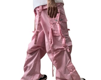 Vintage Y2K Cargo Pants Baggy Baby Pink Parachute Pants