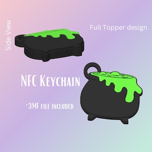 May include: A black cauldron keychain with a green, dripping potion. The keychain is designed to be used with an NFC chip. The image shows a side view and a full view of the keychain.  *3MF file included.