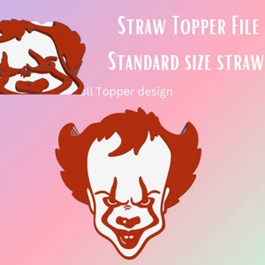 May include: Red and white cartoon character head with a menacing smile.  The character has red hair and a white face.  The image is labeled "STRAW TOPPER FILE STANDARD SIZE STRAW".