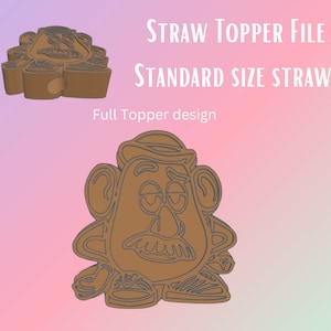 Puede incluir: Un topper de paja Mr. Potato Head marrón y beige. El topper está diseñado para adaptarse a una pajita de tamaño estándar. La imagen muestra una vista lateral del topper y una vista completa del topper.