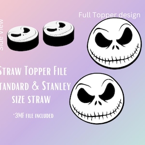 May include: Black and white digital file of a Jack Skellington face for a straw topper. The file is compatible with standard and Stanley size straws. The text "STRAW TOPPER FILE STANDARD & STANLEY SIZE STRAW 3MF FILE INCLUDED" is included in the image.