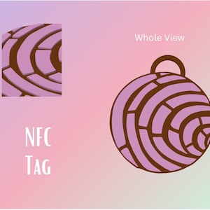 May include: A brown and purple round object with a textured surface. The object has a small loop at the top. The text "Whole View" is above the object. The text "Side View" is to the left of the object. The text "NFC TAG" is below the object.