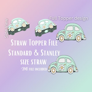Puede incluir: Un archivo de diseño digital que presenta un coche verde azulado claro con un diseño de margarita. La imagen muestra múltiples vistas del coche, incluida una vista lateral. El texto en la imagen dice "STRAW TOPPER FILE" y "STANDARD & STANLEY SIZE STRAW".