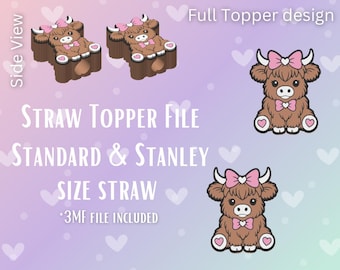 May include: A digital file for straw toppers featuring a Highland cow design. The image shows the side view and full topper design of the cow, with a pink bow and heart details. Text includes "STRAW TOPPER FILE" and "STANDARD & STANLEY SIZE STRAW".