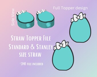 May include: A 3D printed straw topper with a turquoise blue base and a white bow. The topper is designed to fit standard and Stanley size straws. The image shows the topper from the side and the full design.