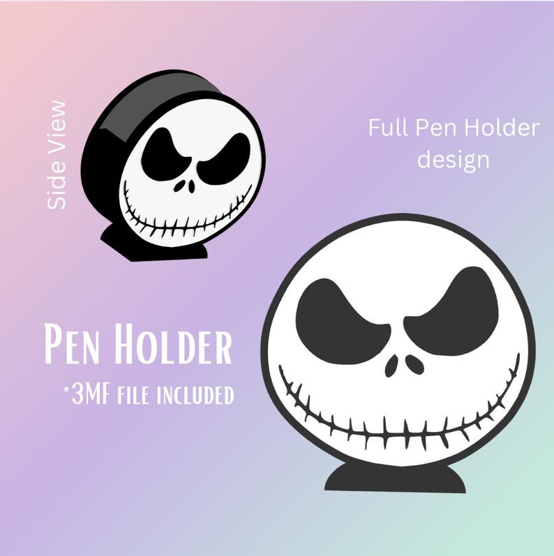 May include: A pen holder featuring a design of a character's face with black eyes and a wide grin. The text "PEN HOLDER" and "*3MF FILE INCLUDED" are also present. A side view of the pen holder is also shown.
