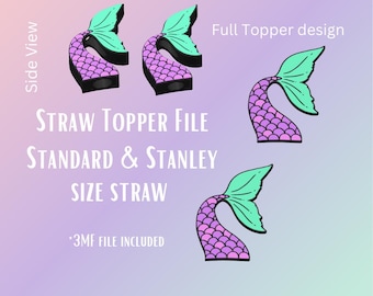 May include: A digital file featuring mermaid tail designs for straw toppers. The tails are in shades of purple and green, with a black base. Text includes "STRAW TOPPER FILE" and "STANDARD & STANLEY SIZE STRAW".