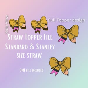 Puede incluir: Un diseño de archivo digital que presenta adornos para pajitas con un diseño de lazo y lápiz. Los adornos son de color amarillo dorado con detalles en rosa y negro. El texto incluye "Straw Topper File" y "Standard & Stanley Size Straw".