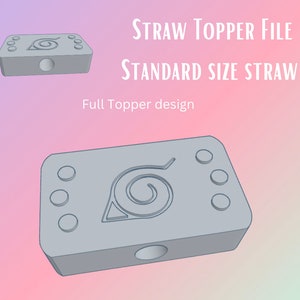 May include: A gray 3D printed straw topper with a swirl design and four holes on each side. The topper is designed for standard size straws. "STRAW TOPPER FILE STANDARD SIZE STRAW Full Topper design" is written in white text on a pink and blue background.